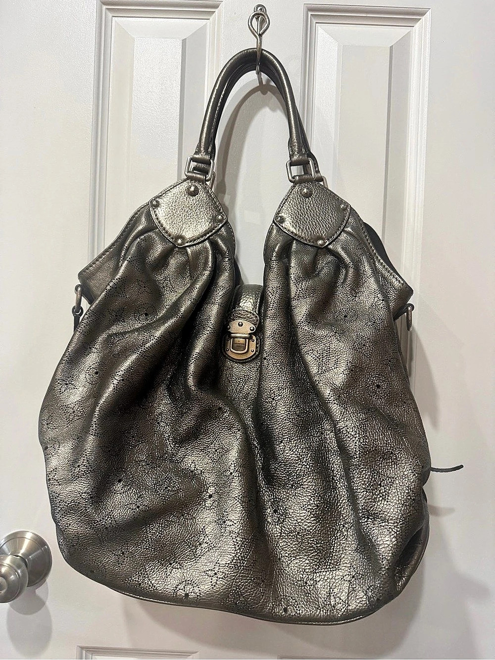 Louis Vuitton Mahina XL metallic gray perforated logo leather handbag. Mint!